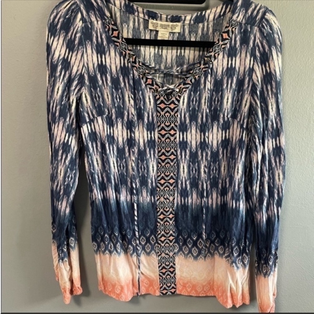 Vintage America lace up mixed print long sleeve top. Size small.
